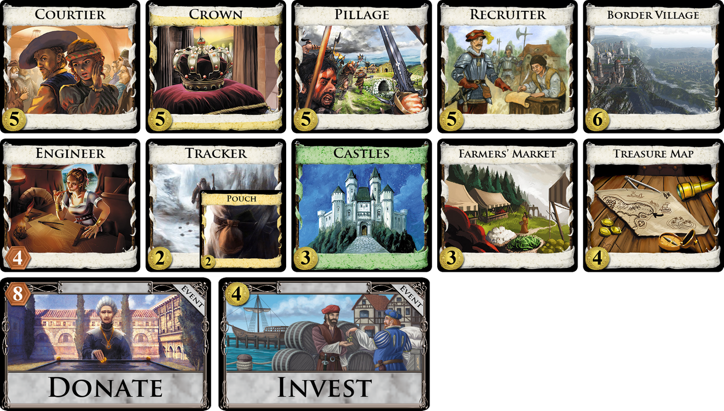 Border Village, Castles, Courtier, Crown, Engineer, Farmers’ Market, Pillage, Recruiter, Tracker, Treasure Map, Donate, Invest